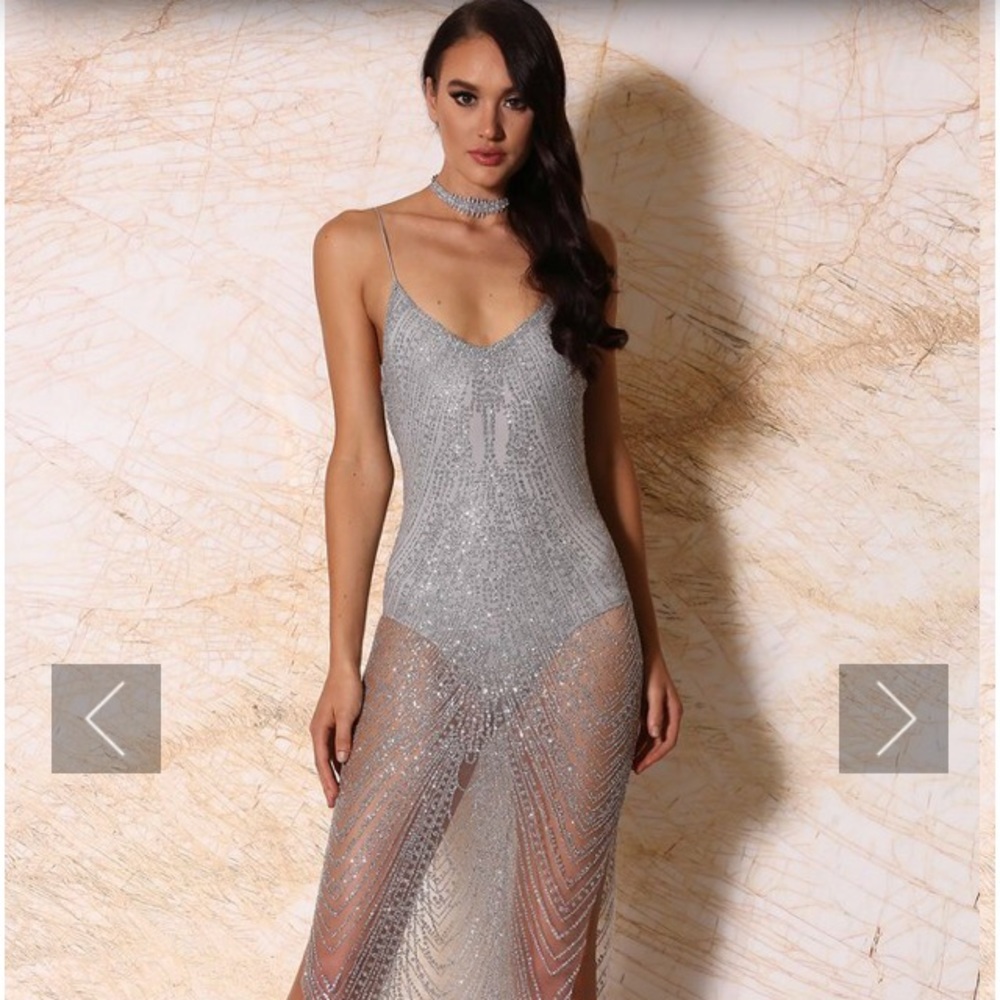 Meshki Aviana Jeweled Midi Dress in Silver